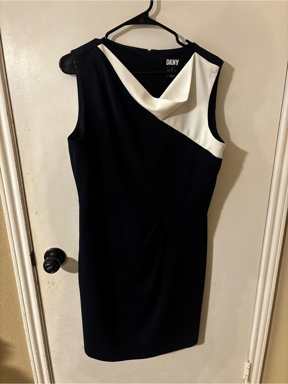 DKNY Navy and White V-Neck Dress